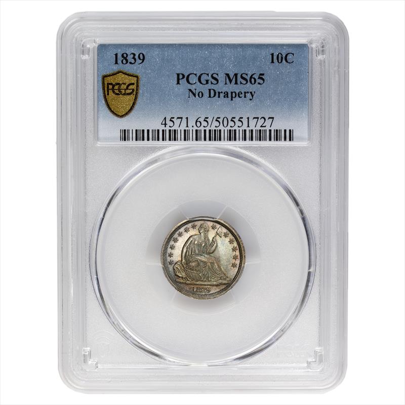 1839 No Drapery Seated Liberty Dime, 10C PCGS MS 65