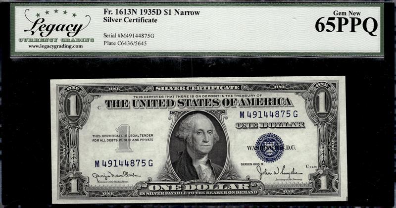 Fr. 1613N 1935D $1 Narrow Silver Certificate Gem New 65PPQ 