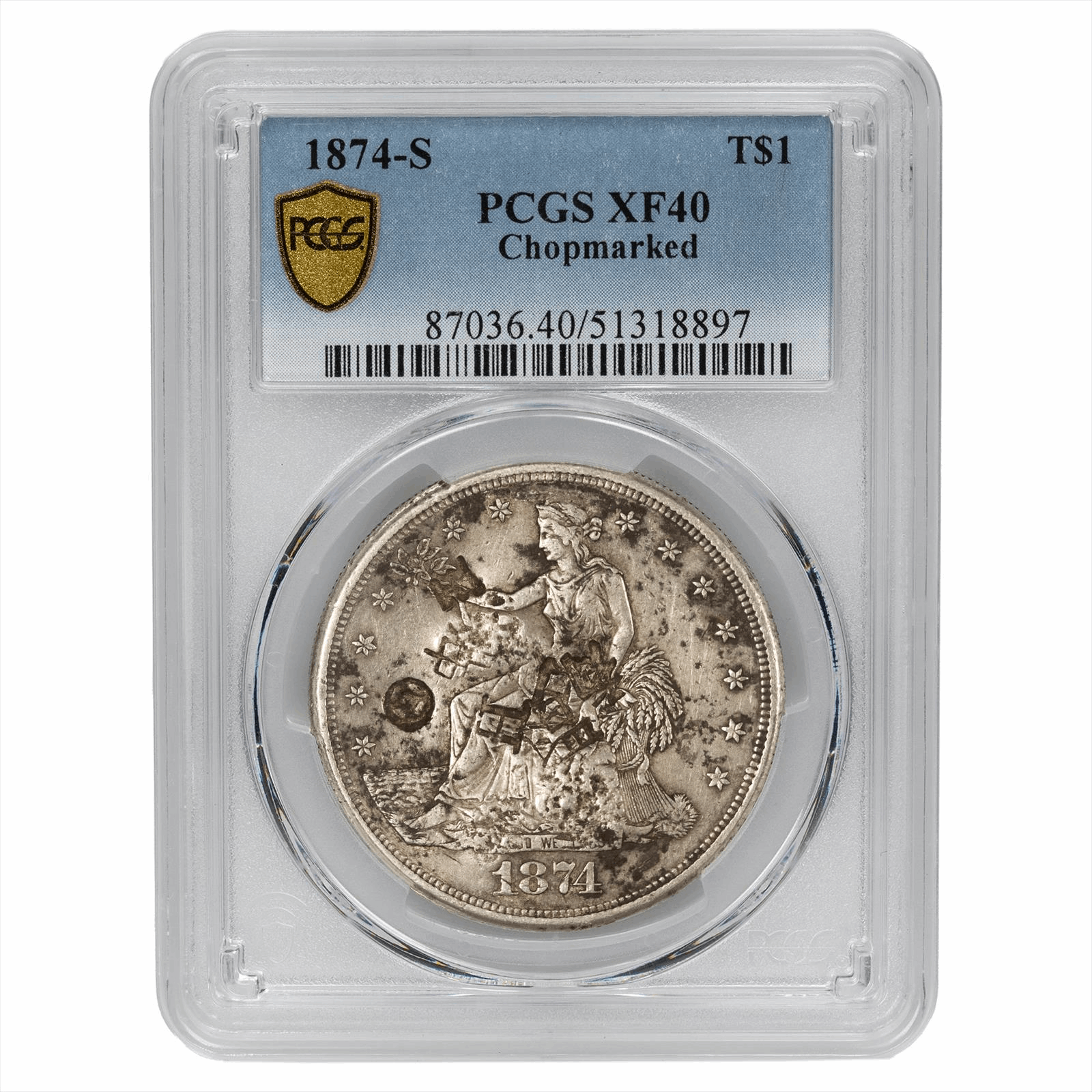 1874-S Silver Trade Dollar T$1 Chop Mark PCGS XF 40