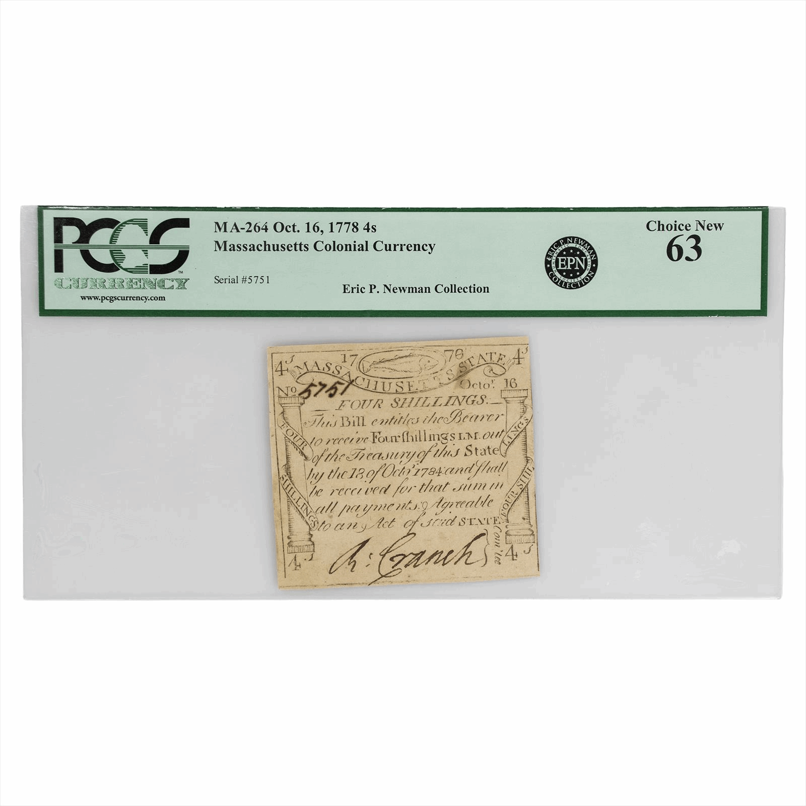 MA-264 OCT.16,1778  MASSACHUSETTS COLONIAL CURRENCY PCGS MS63 PAUL REVERE 