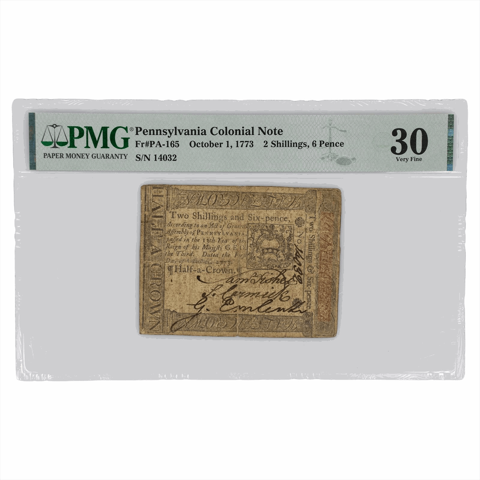 October 1, 1773 Pennsylvania Colonial 2 Shillings 6 Pence FR#PA-165 PMG VF 30