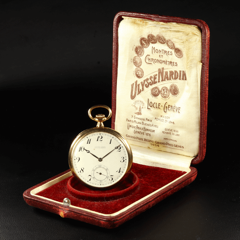 14k Yellow Gold Ulysse Nardin Locle & Geneve 7 Grand Prix Pocket Watch with Original Box 