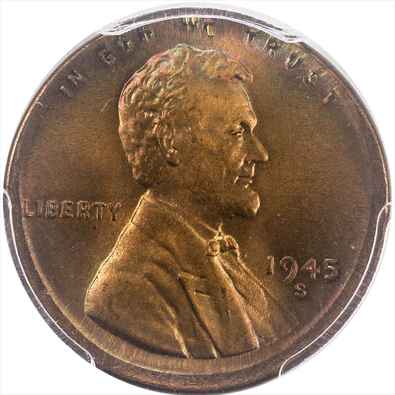 1945-S Lincoln Wheat Cent, 1c, PCGS 66RB BROADSTRUCK OUT OF COLLAR
