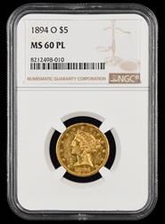 1894 O $5 Gold NGC  MS 60PL