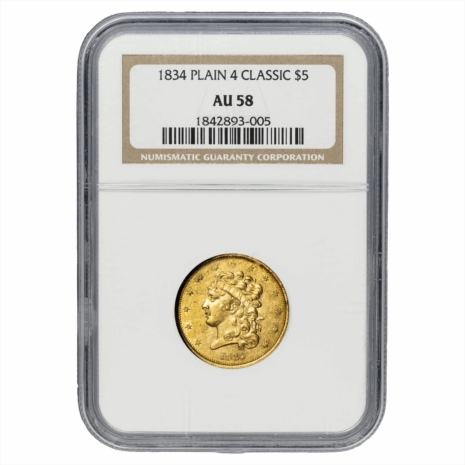 1834 Plain 4 Classic Head Gold Half Eagle $5 NGC AU 58