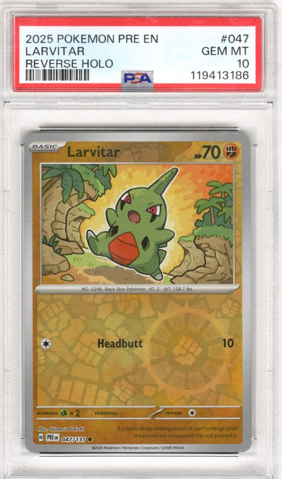2025 Pokemon Pre En Larvitar Reverse Holo #047 PSA GEM MT 10 