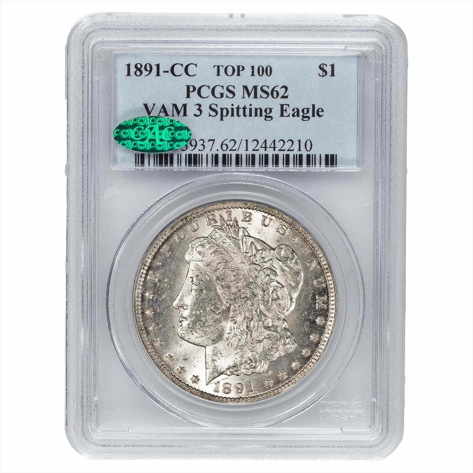 1891-CC Morgan Silver Dollar $1 VAM 3 Spitting Eagle TOP 100 PCGS MS 62 CAC
