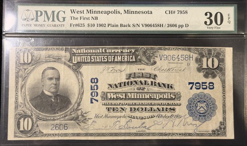 Fr. 625 1902 $10 West Minneapolis 7958 Plain Back PMG 30 EPQ 
