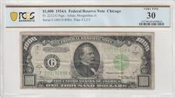 Fr. 2212-G 1934A $1,000 Federal Reserve Note Chicago PCGS VF30 