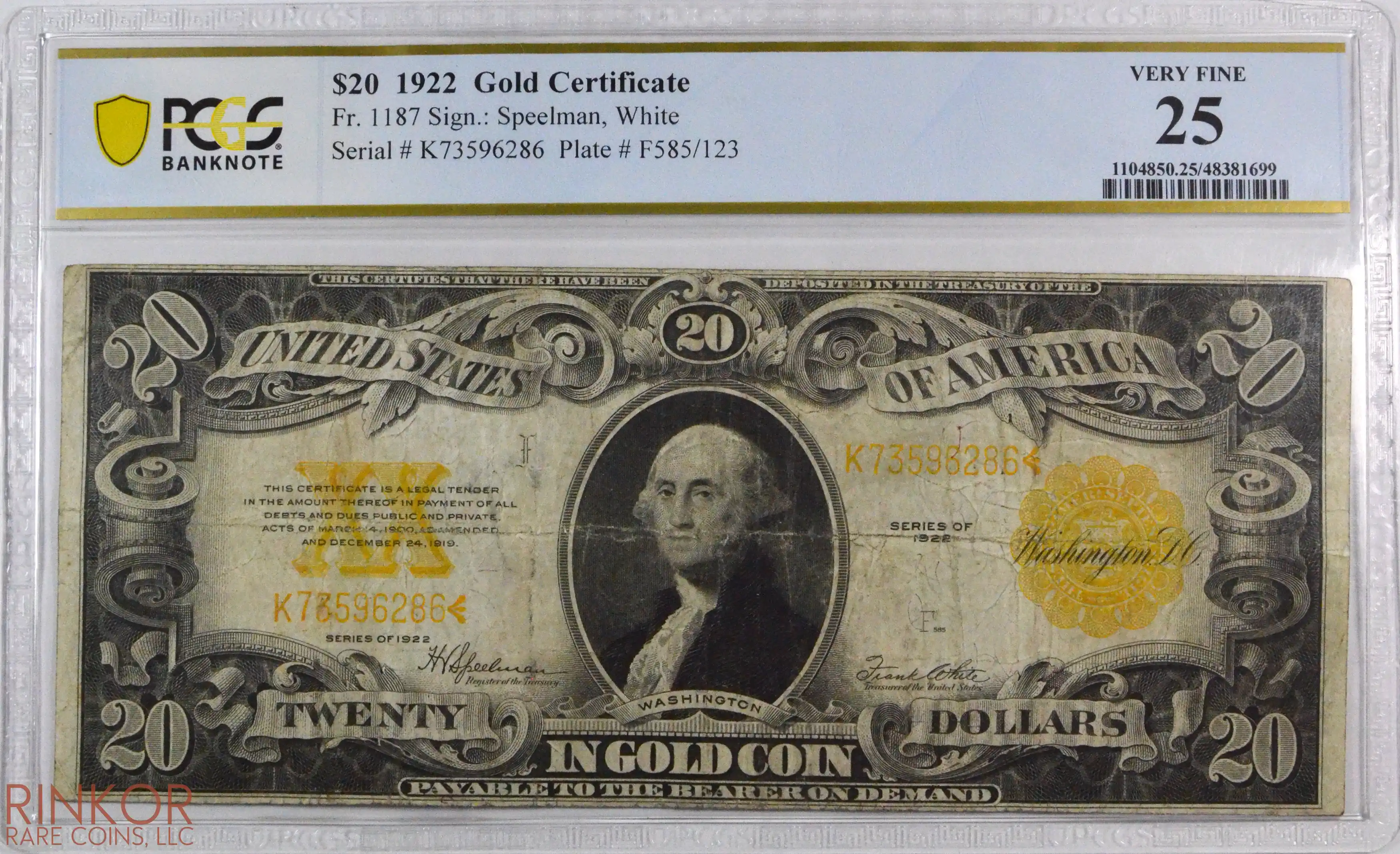 1922 $20 Fr. 1187 Gold Certificate PCGS VF-25