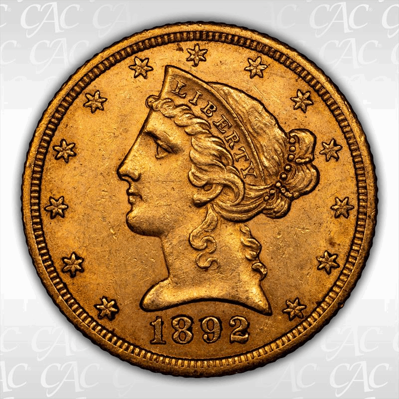 1892-CC $5 CACG AU-58 