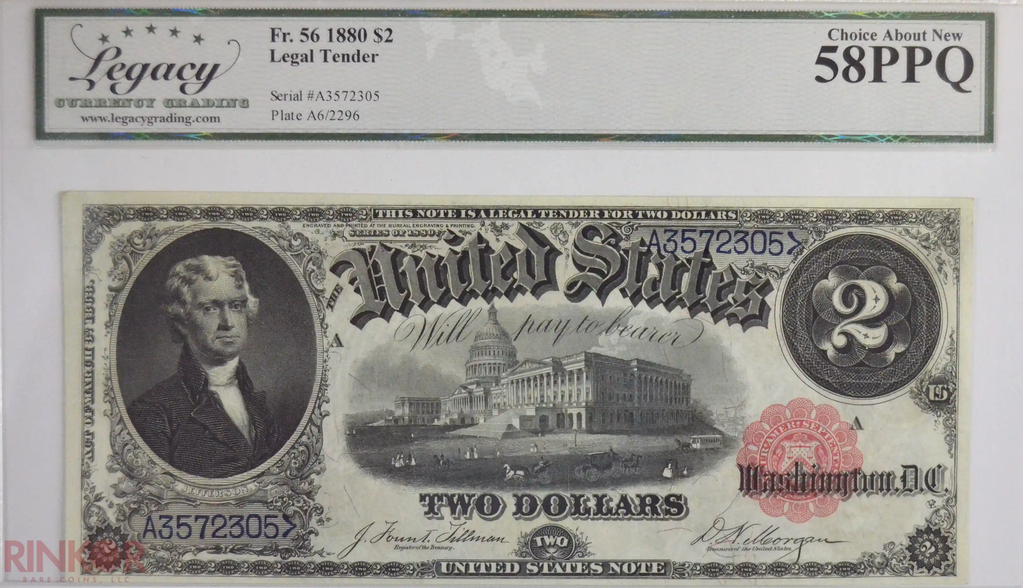 1880 $2 Fr. 56 Legal Tender LCG AU-58 PPQ