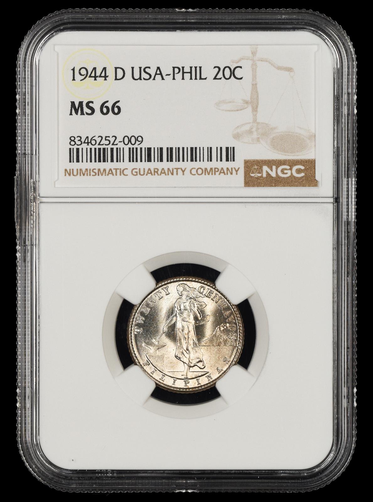 1944 D Philippines 20 Centavos NGC MS66