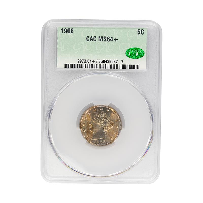 1908 Liberty V Nickel 5C CACG MS 64, CAC Certified Green