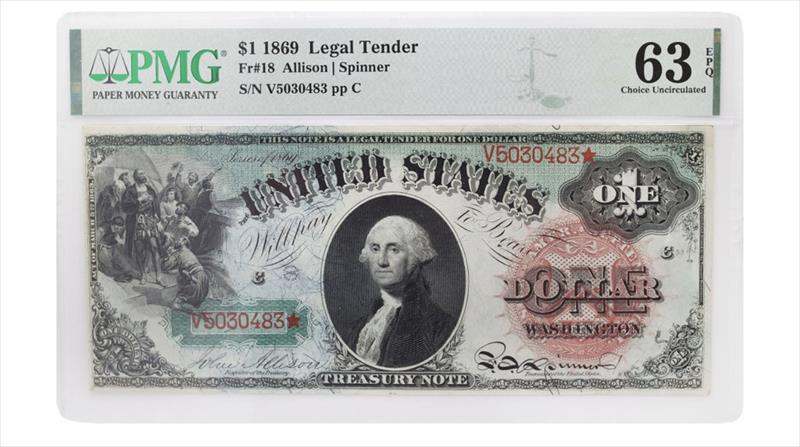 1869 $1 Legal Tender Fr# 18 - PMG 63 EPQ - Allison / Spinner