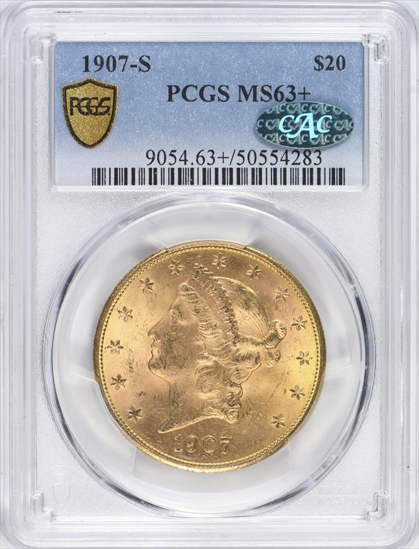 1907-S $20 PCGS MS 63+ CAC