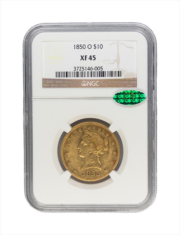 1850-O Liberty Head $10, NGC XF45 -CAC New Orleans Branch Mint Gold