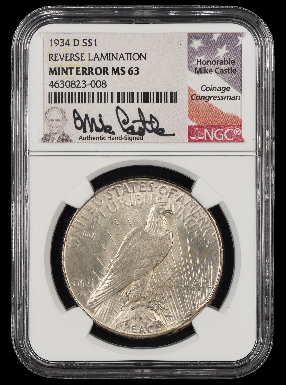 1934 D $1 Mint Error Reverse Lamination NGC MS63