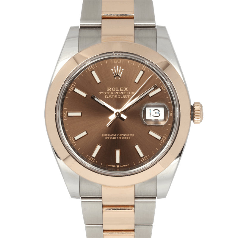 Rolex 41mm Datejust TT 18K RG & SS Radiant Brown Stick Dial with Smooth Bezel Watch and 2022 Card