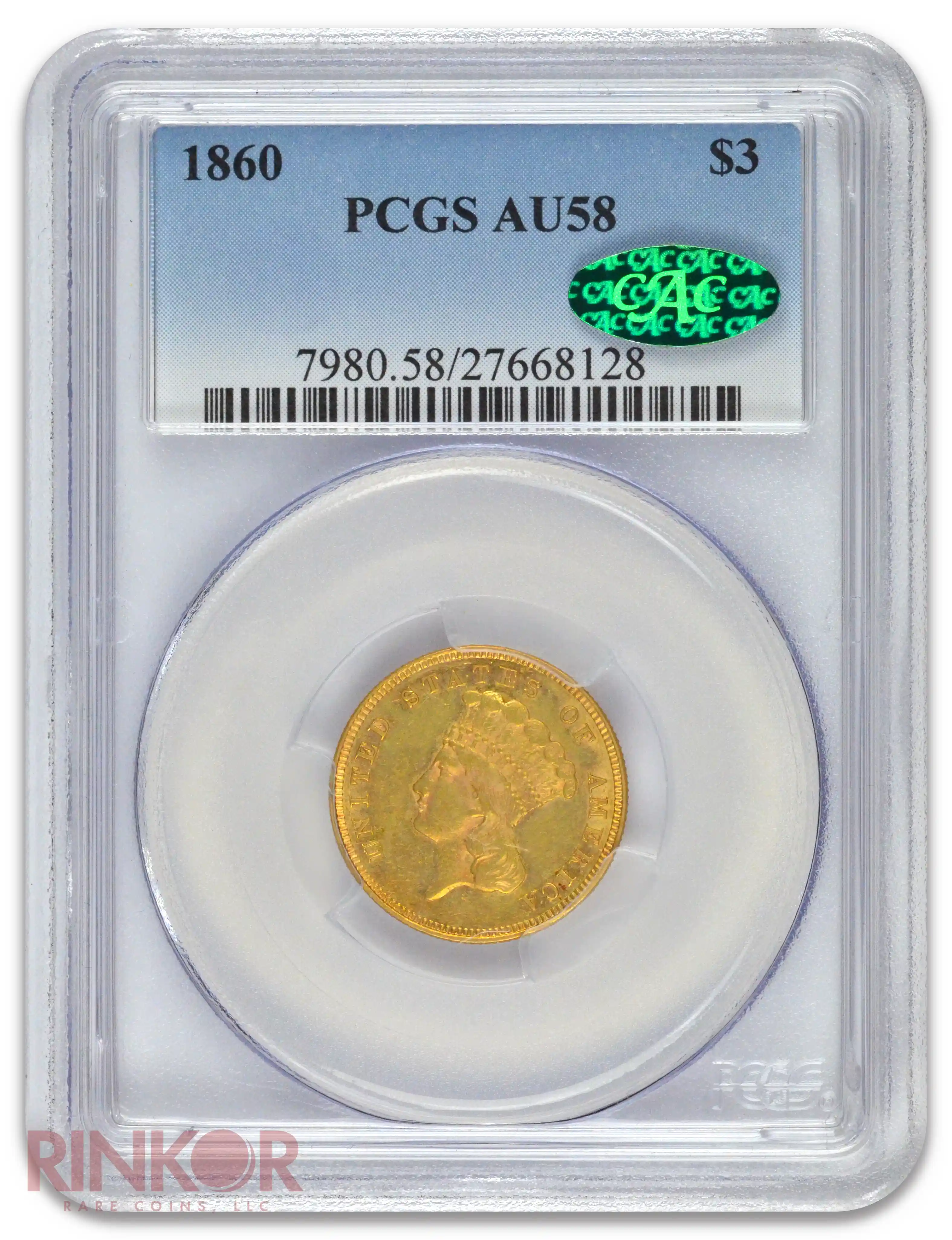 1860 $3 Indian Princess PCGS AU-58 CAC