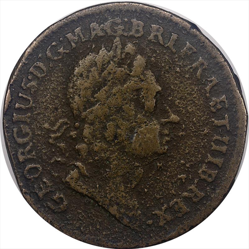 1723 Two Pence Rosa Americana  F Details - Corrosion