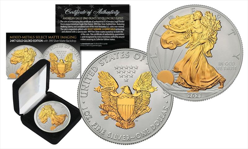 2021 $1 1oz. American Silver Eagle, 24K Gold Gilded, BU
