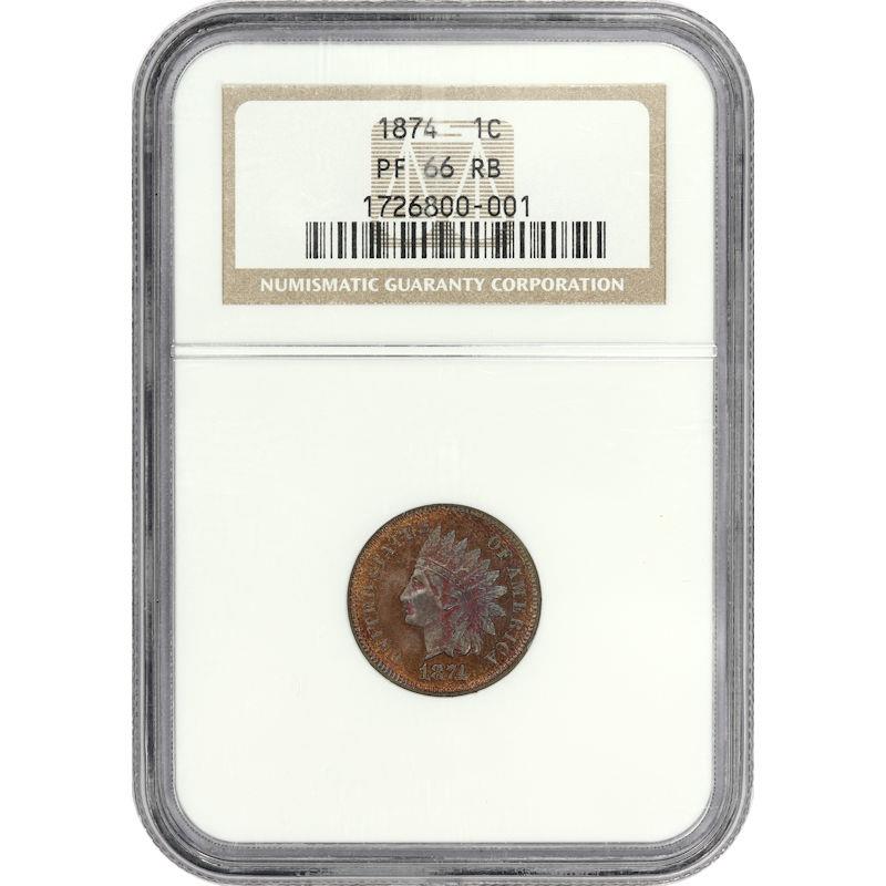 1874 Indian Head Cent 1C NGC PF66RB Toned Red Brown PROOF