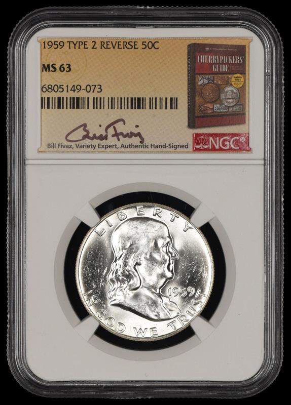 1959 P T2 Reverse Franklin Half Dollar Bill Fivaz Signature Label NGC  MS 63