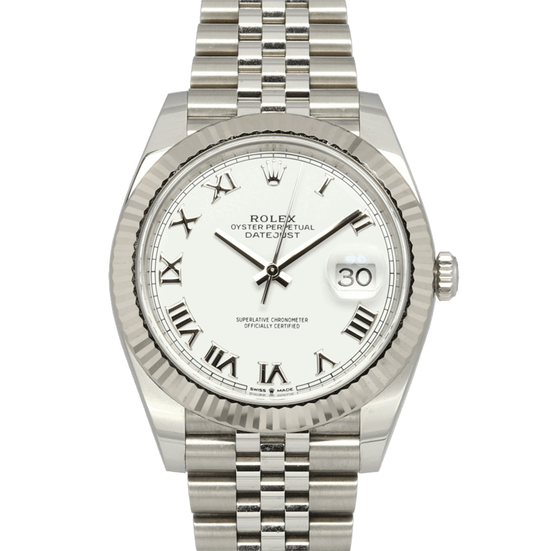 41mm Rolex Stainless Steel Jubilee White Roman Dial Fluted Bezel Datejust Watch and Card (2021) - 126334