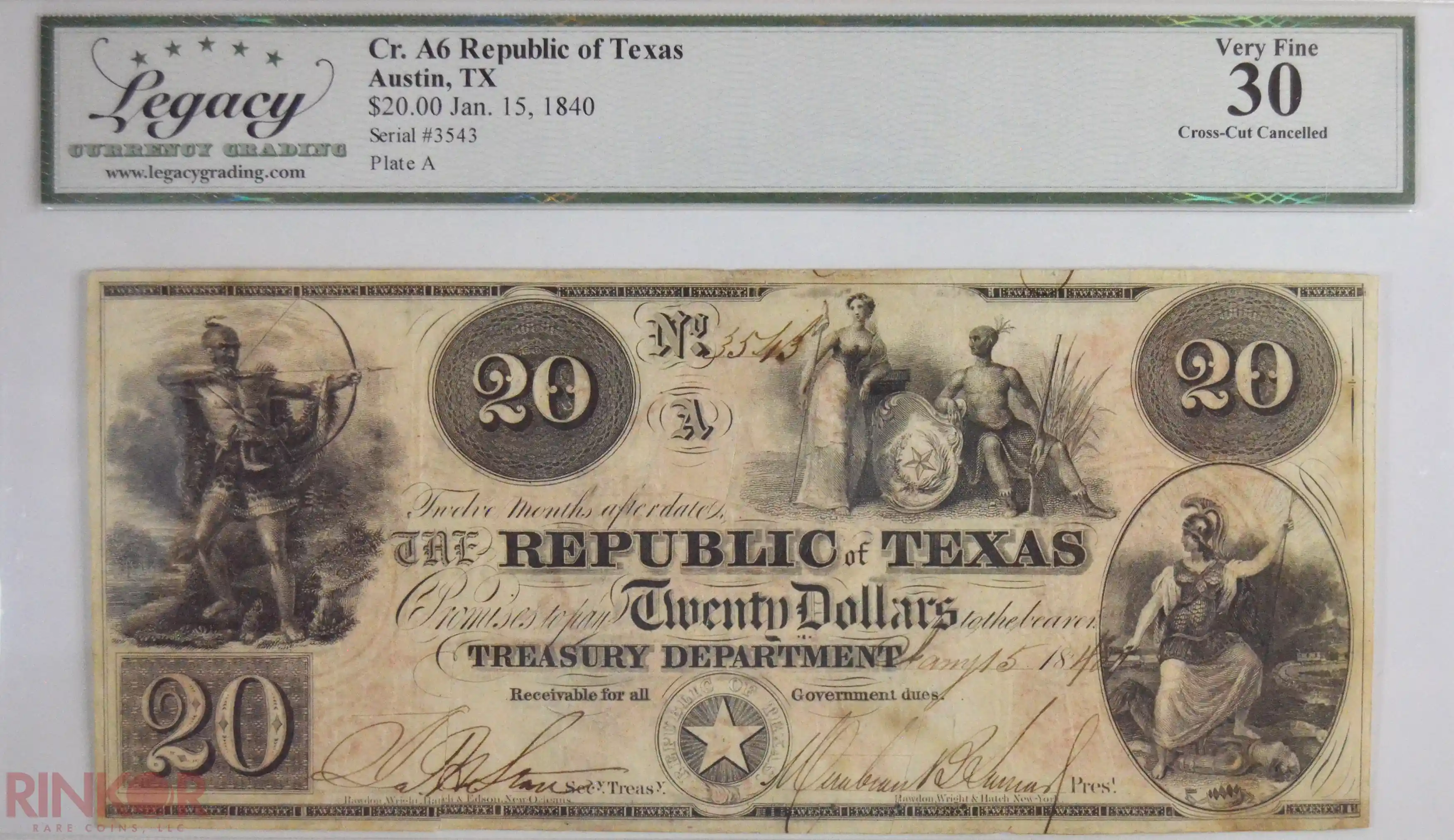 1840 $20 Cr. A6 Republic of Texas Cross-Cut Cancelled LCG VF-30