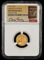 1913 $2.5 Gold Mint Error Curved Clip @3:00 Bill Fivaz Signature Label NGC MS61