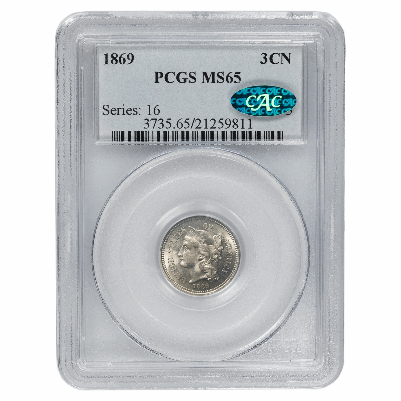 1869 Three Cent Nickel 3CN PCGS MS 65 CAC