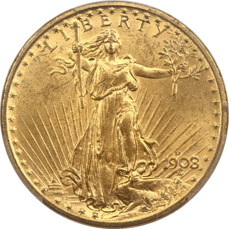 1908-D St. Gaudens $20 Gold Double Eagle PCGS MS63 No Motto - Nice Original Coin
