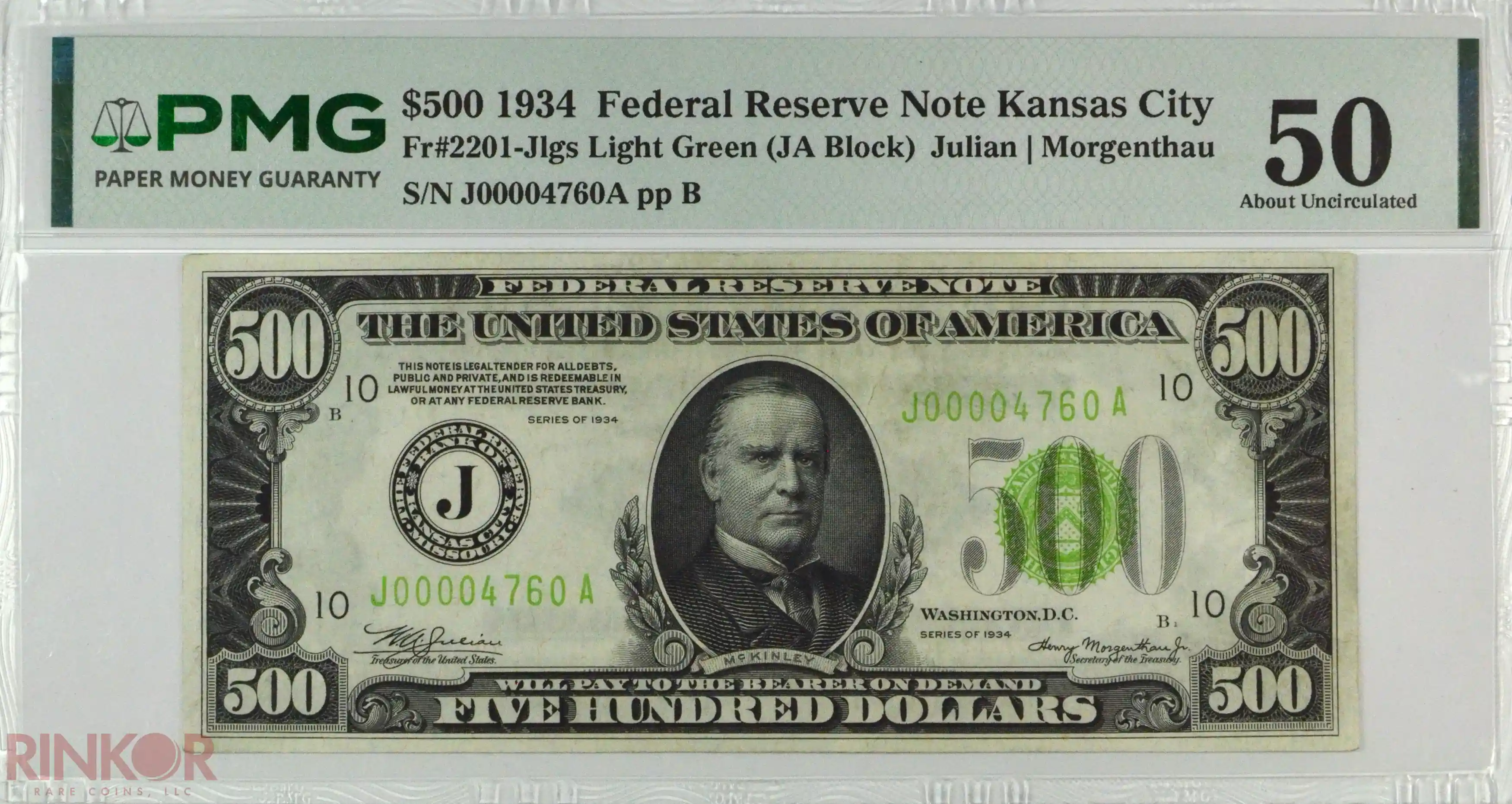 1934 $500 Fr. 2201-Jlgs Federal Reserve Note PMG AU-50