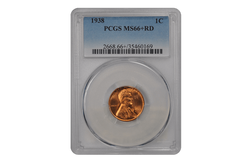 1938 1C Lincoln Cent - Type 1 Wheat Reverse PCGS RD #3457-5 MS66+
