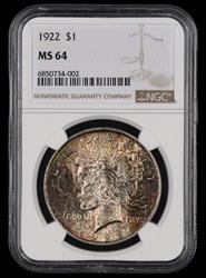 1922 $1 Attractively Toned NGC MS 64