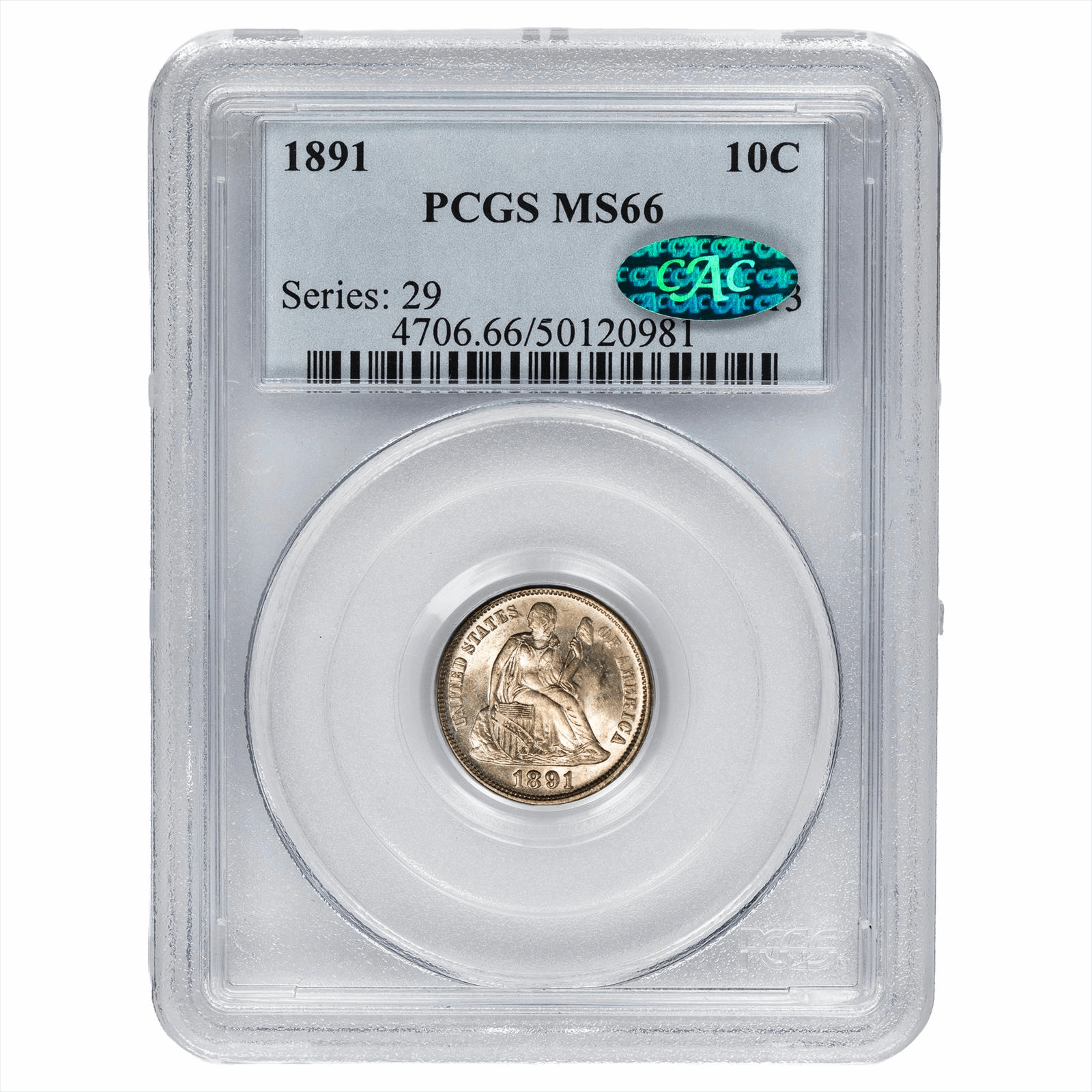 1891 Seated Liberty Dime 10C PCGS MS 66 CAC
