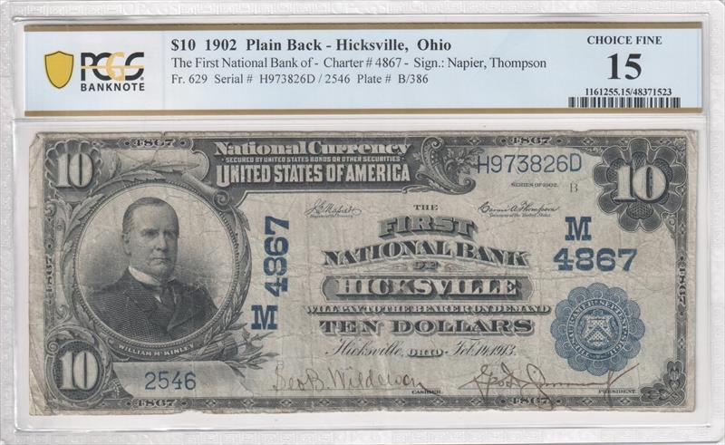 Fr. 629 1902 $10 The First National Bank of Hicksville 4867 Plain Back PCGS F15 