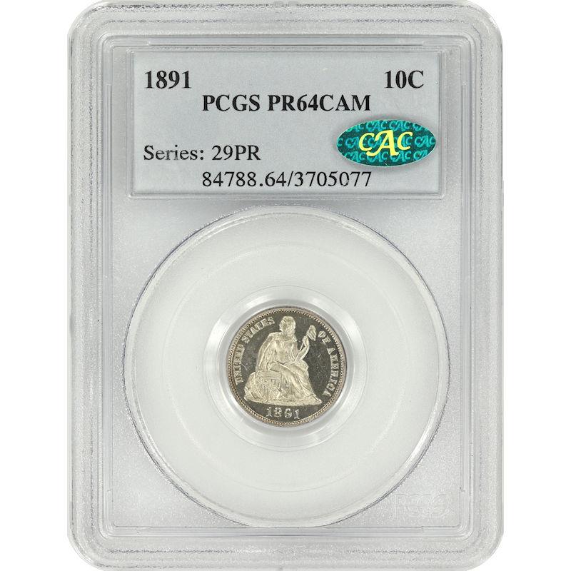 1891 Seated Liberty Dime 10C PCGS and CAC PR64CAM White Cameo Proof