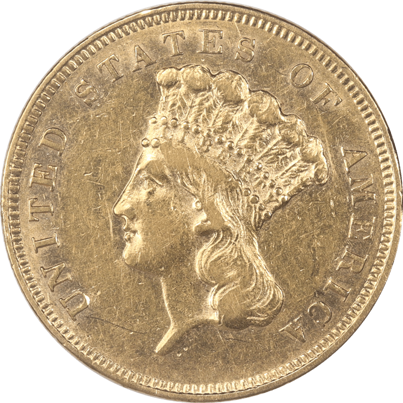 1856-S Indian Princess $3 Gold Piece, Raw Choice About Uncirculated Condition - Better Date