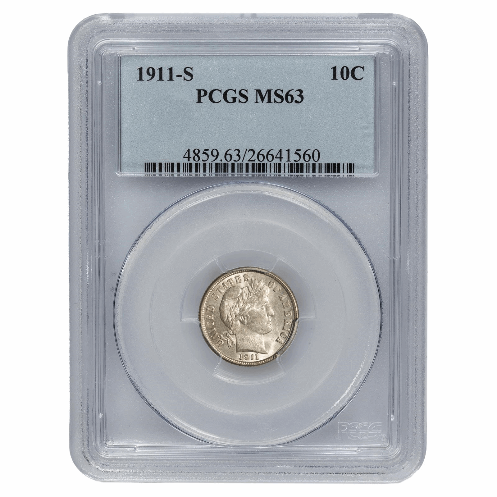 1911-S Barber Dime 10C PCGS MS 63 