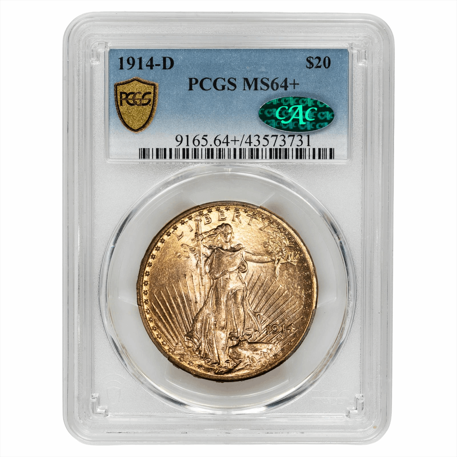 1914-D St. Gaudens Gold Double Eagle $20 PCGS MS 64+ CAC