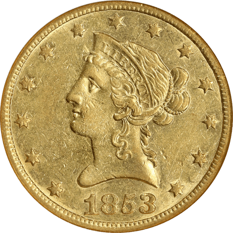 1853-O Liberty Head $10, NGC AU 55 - Nice Original Coin