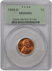 1935-D 1C Lincoln Cent - Type 1 Wheat Reverse PCGS RD #3460-5 MS66