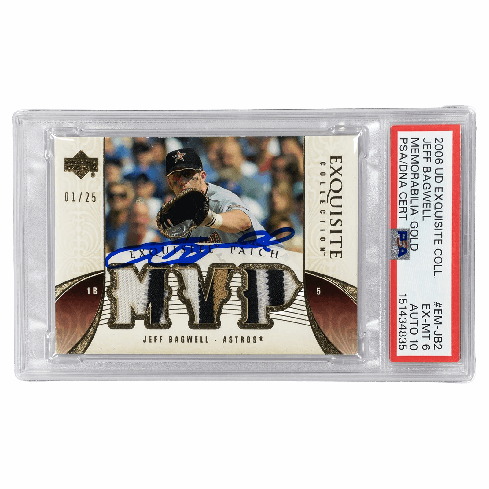 2006 Upper Deck Exquisite Coll. Jeff Bagwell Memorabilia-Gold #EM-JB2 PSA EX-MT 6 Cert #151434835