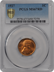 1927 1C Lincoln Cent - Type 1 Wheat Reverse PCGS RD #3683-2 MS67