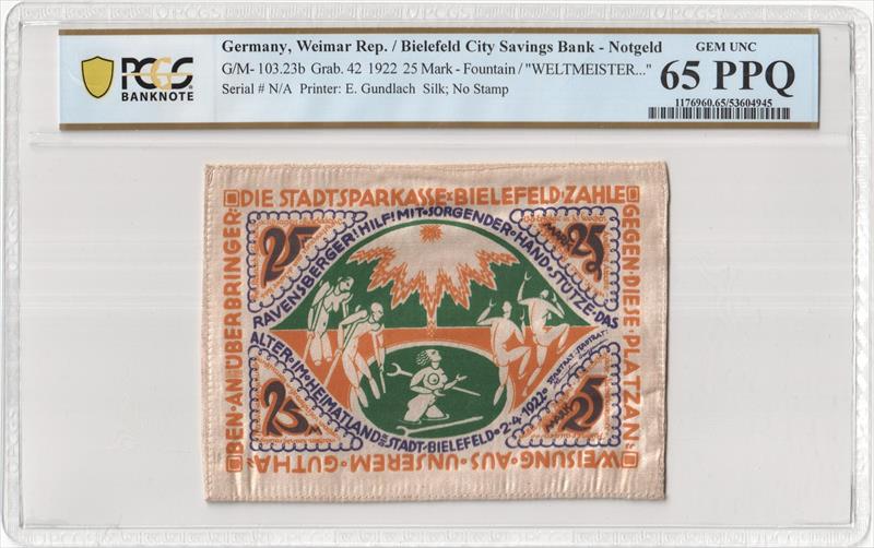 Germany, Weimar Rep./Bielefeld City Savings Bank - Notgeld G/M 103.23b Grab. 42 1922 25 MARK PCGS 65 PPQ 