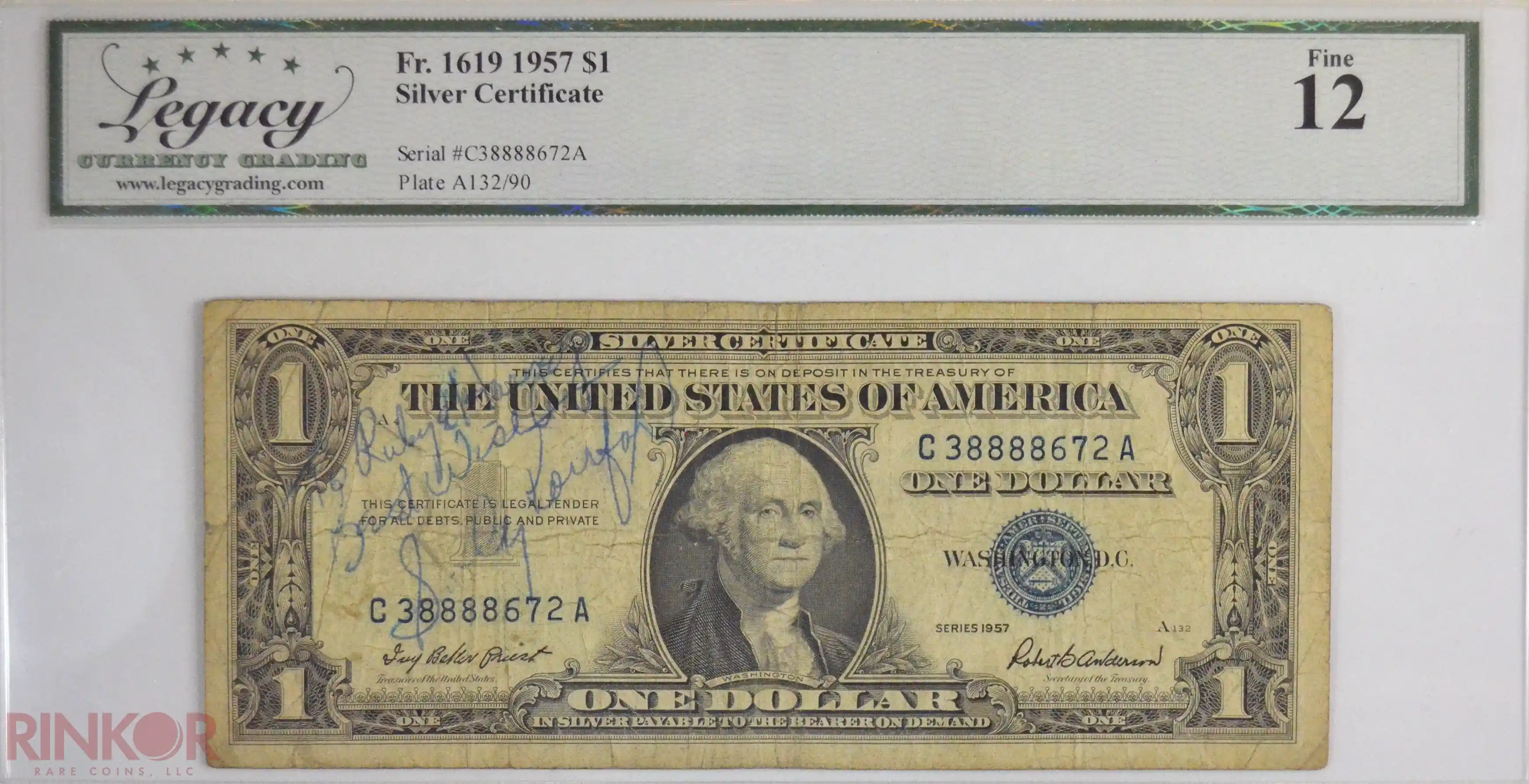 1957 $1 Fr. 1619 Silver Certificate Signed by Sandy Koufax LCG F-12