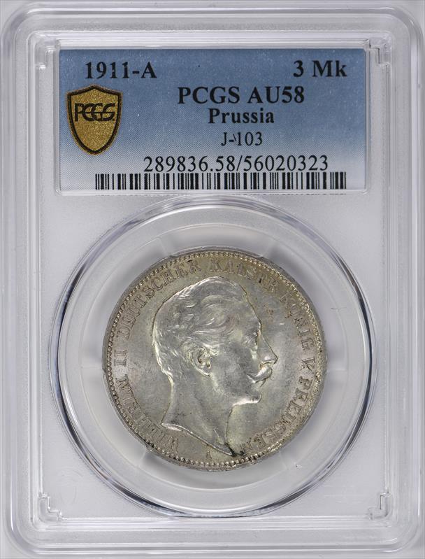 1911-A 3 Mk Prussia J-103 PCGS AU58 