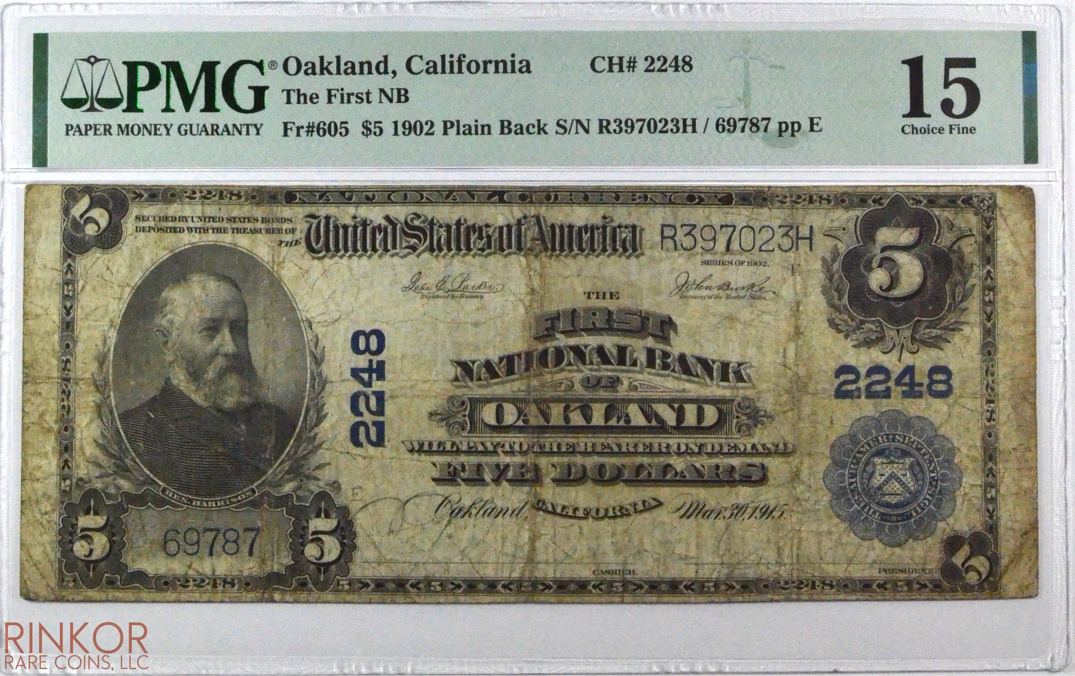 1902 Plain Back $5 Fr. 605 Charter #2248 PMG F-15